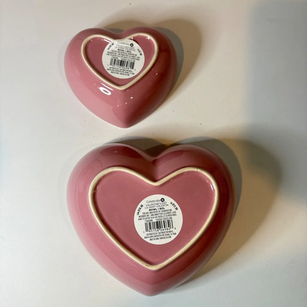 Celebrate It Valentine Heart Bowls Set of 2 Hugs Kisses Pink White Ceramic New